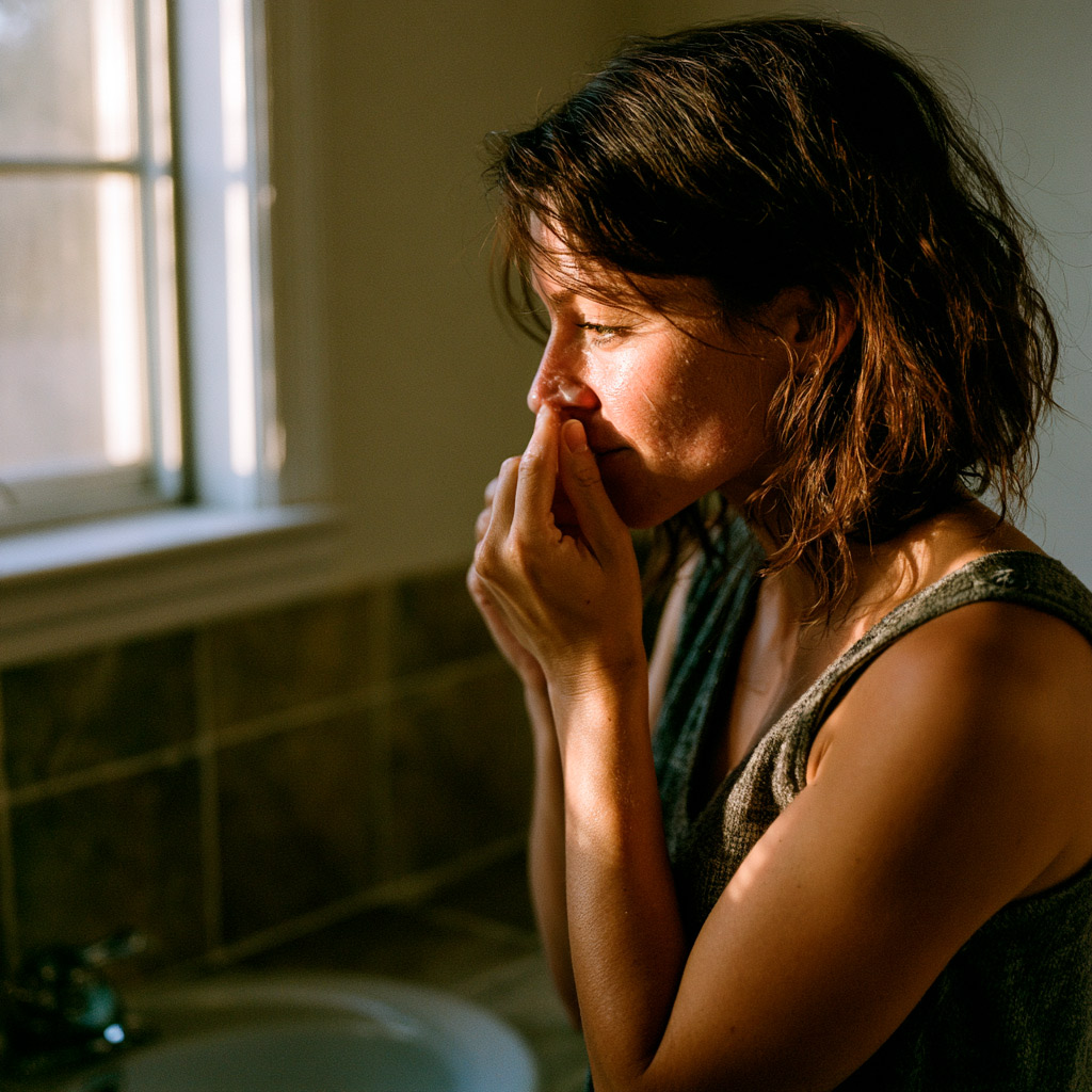 Woman holding tissue to nose by sunlit window