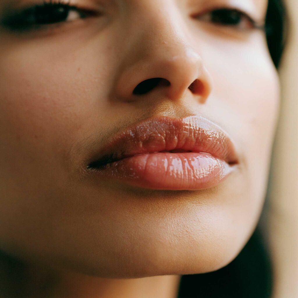 Close-up of glossy lips and nose