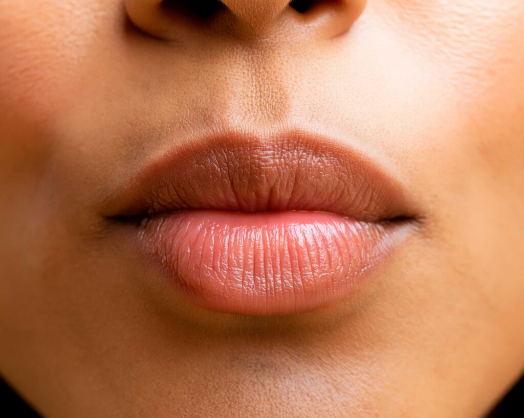 Close-up of natural glossy lips and nose