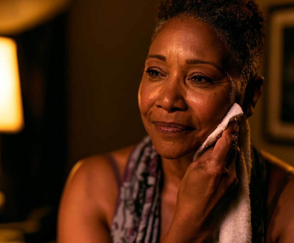 Woman gently pressing towel to her cheek