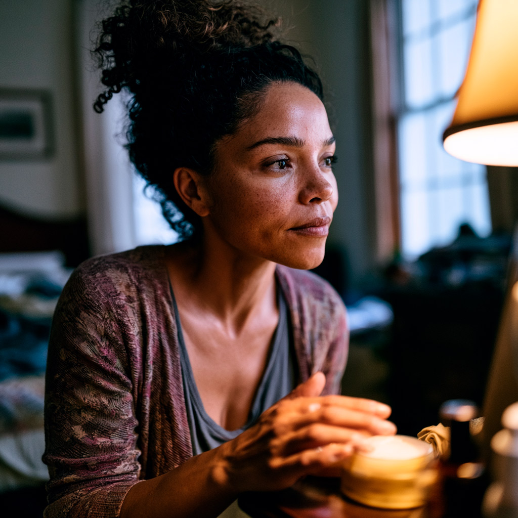 Woman holding cup, gazing thoughtfully indoors