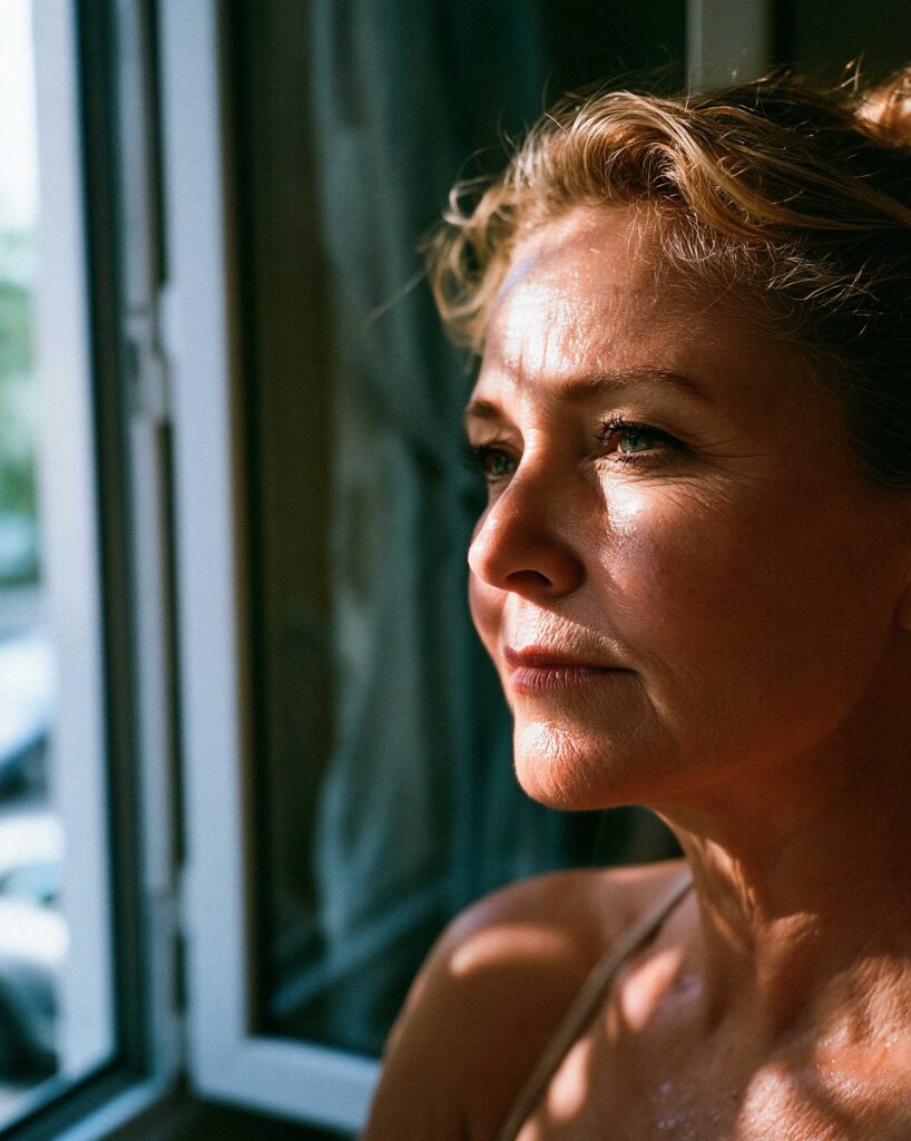Woman gazing thoughtfully out a window in sunlight