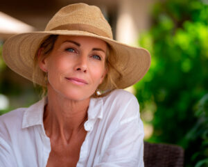 Woman in straw hat outdoors with greenery
