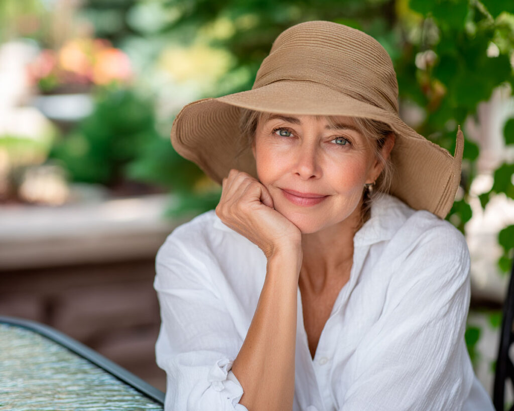 Woman in sun hat relaxing at outdoor café