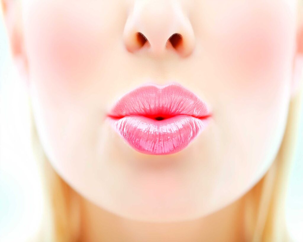 Close-up of glossy pink lips puckered