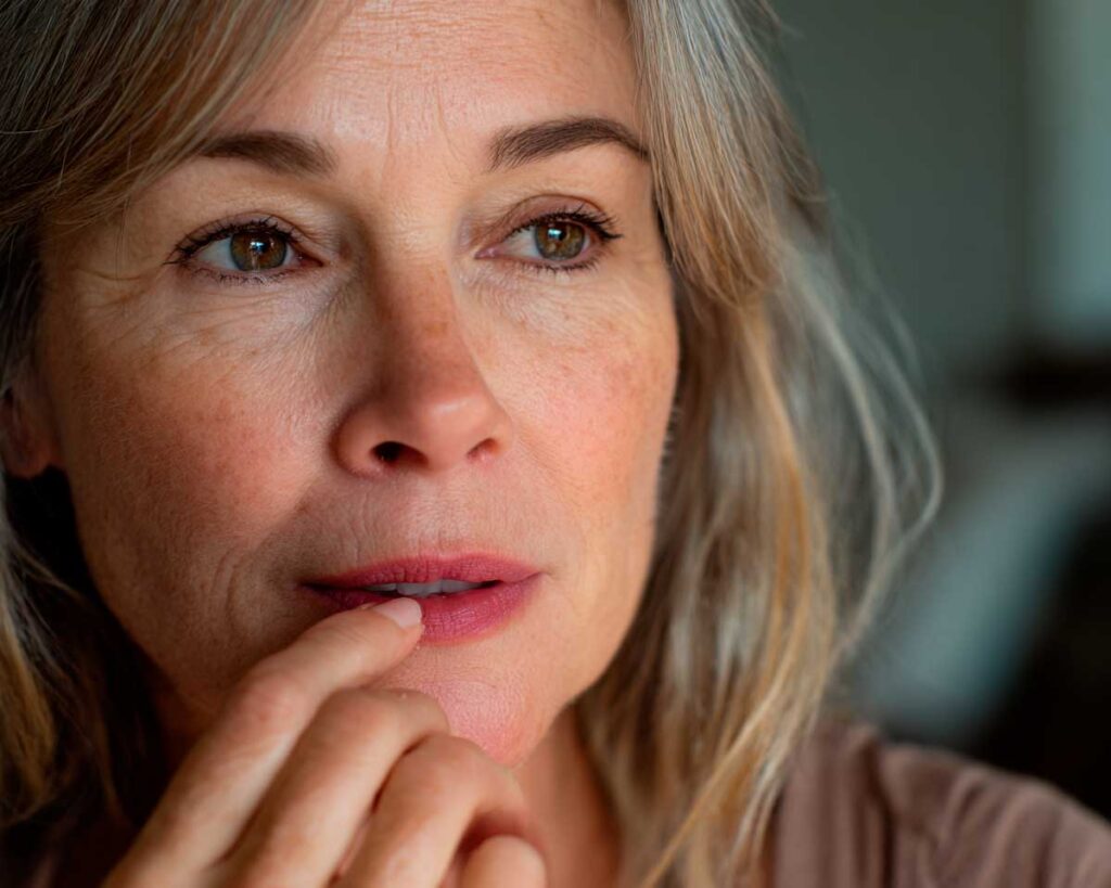 Close-up of woman touching her lip thoughtfully