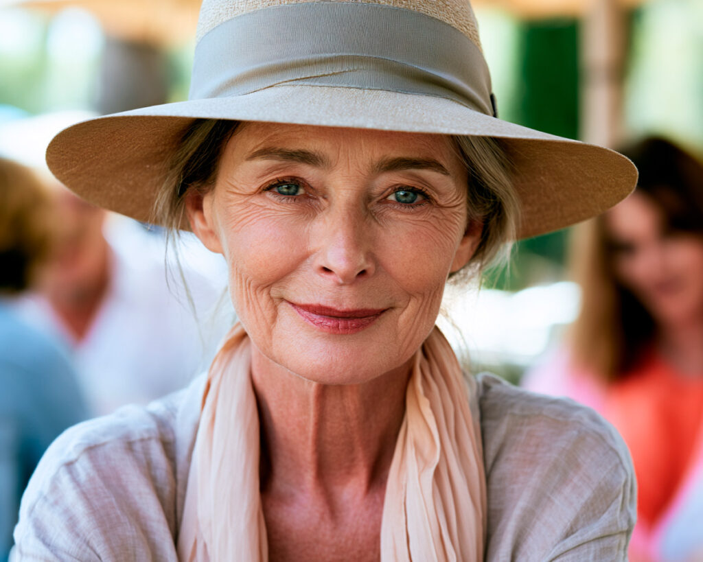 Smiling older woman wearing hat outdoors