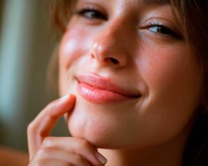 Close-up of woman smiling and touching her chin