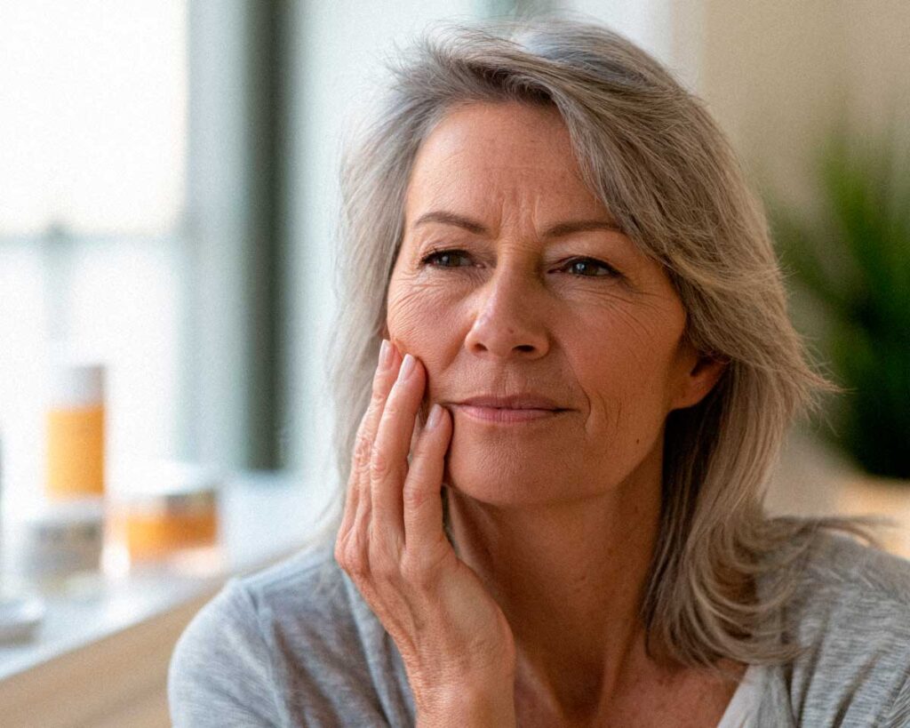 Middle-aged woman touching her cheek indoors