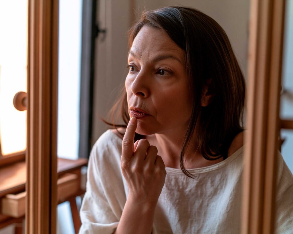 Thoughtful woman touching chin by window