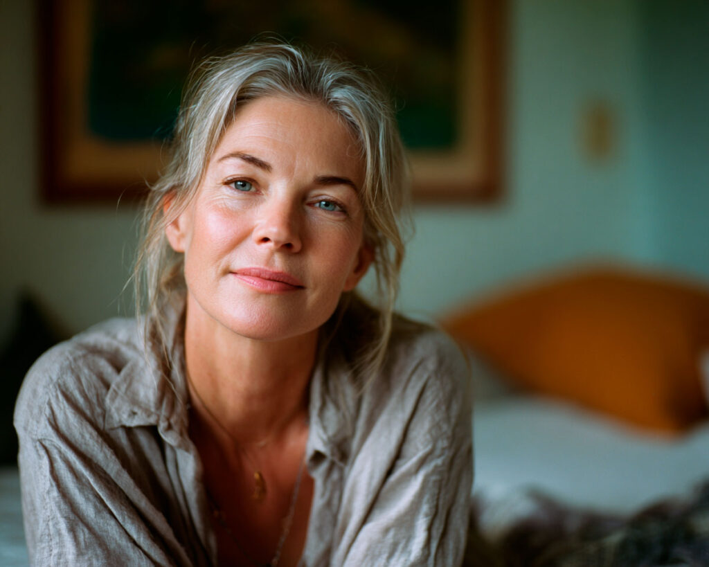 Portrait of gray-haired woman in cozy bedroom