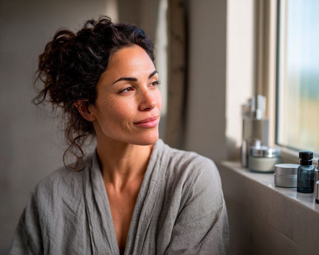 Woman in robe looking out window indoors