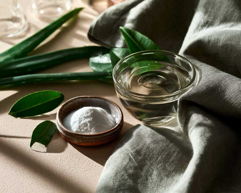 Glass bowl of water and white powder with leaves