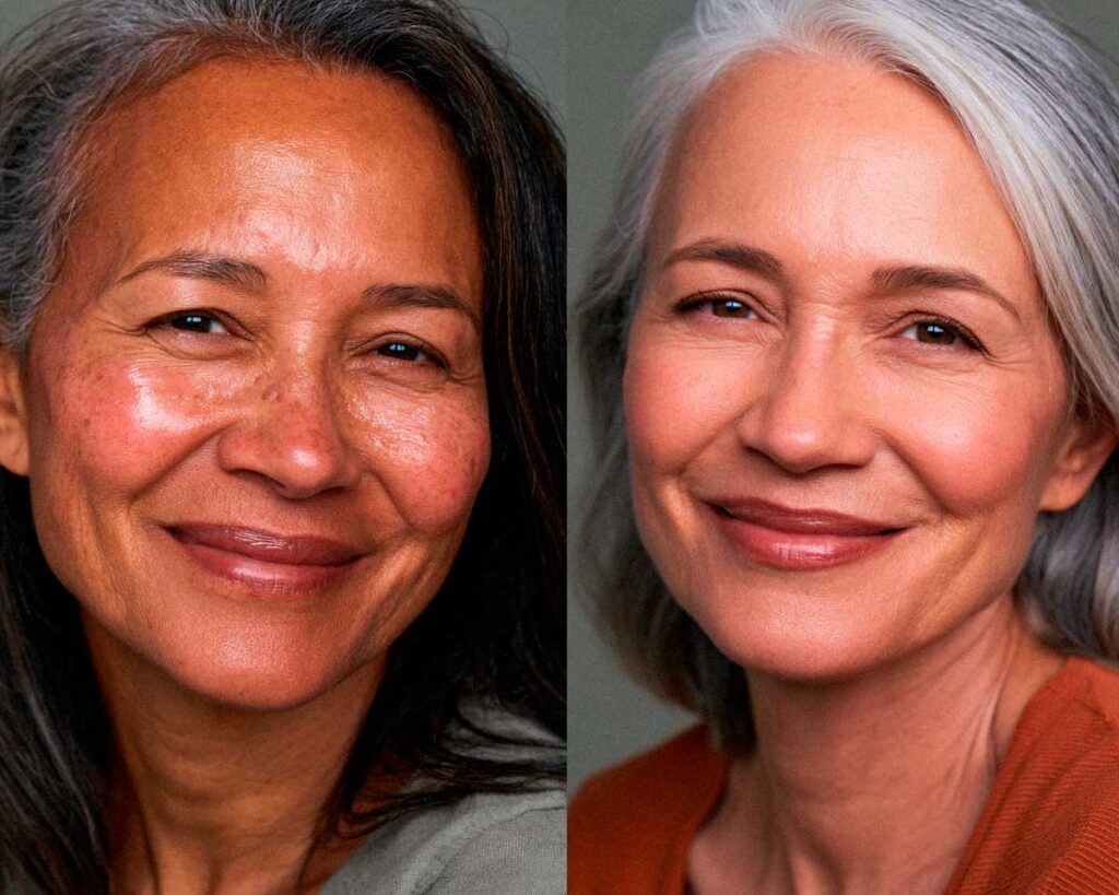 Two smiling older women in close-up portraits