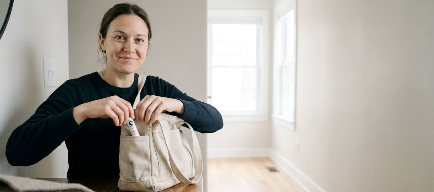 Woman placing skincare bottle into canvas tote bag
