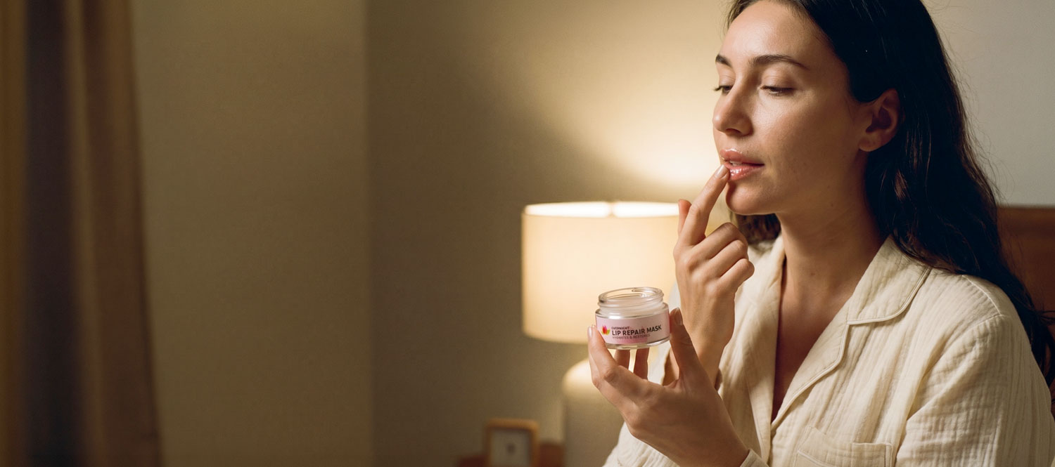 Woman applying lip repair mask in bedroom