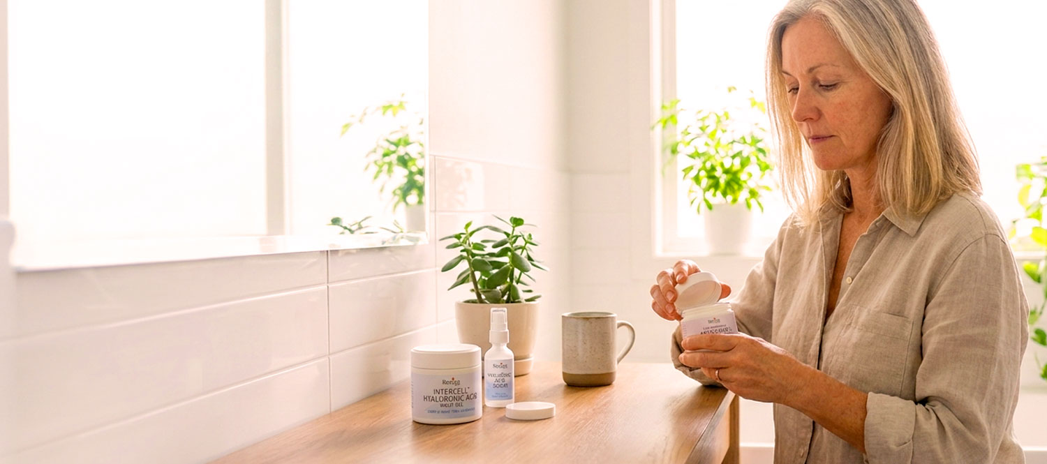Woman applying face cream in bright kitchen