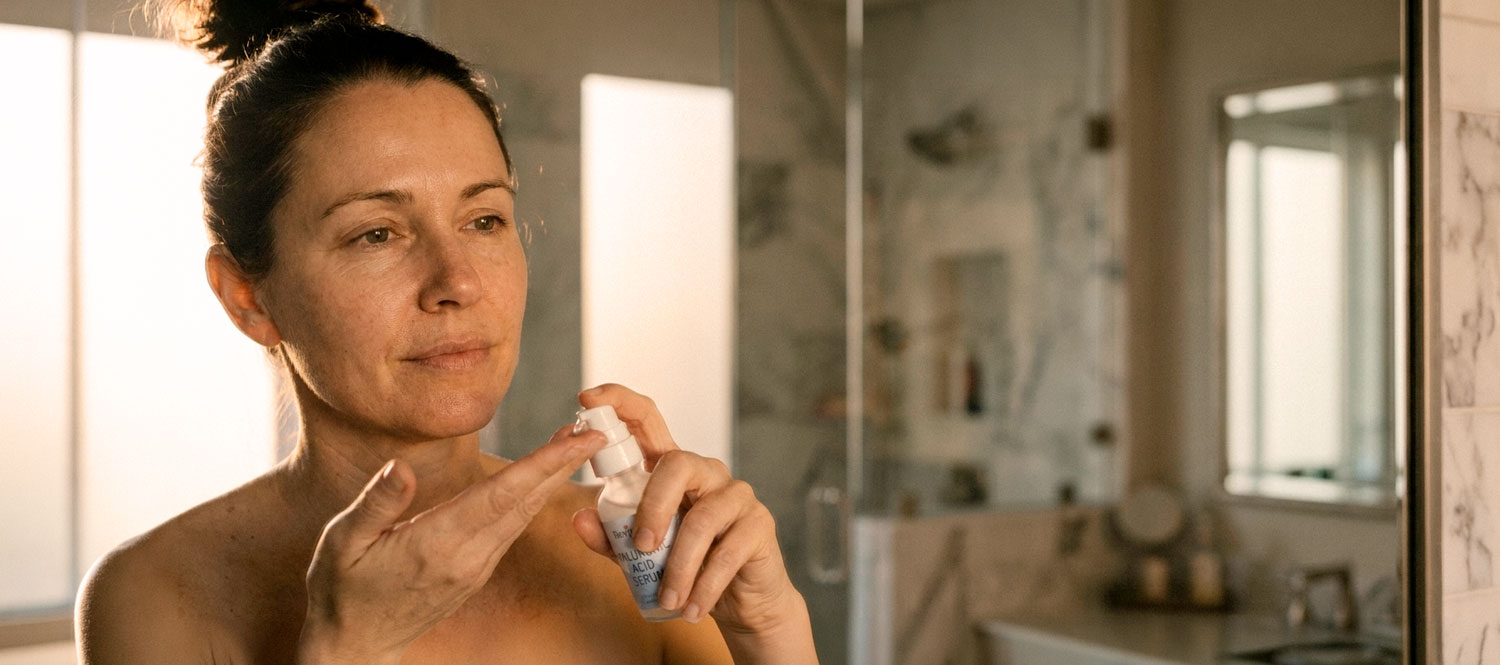 Woman applying facial serum in bathroom mirror