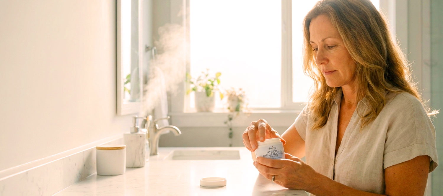 Woman opening eucalyptus balm in sunlit bathroom