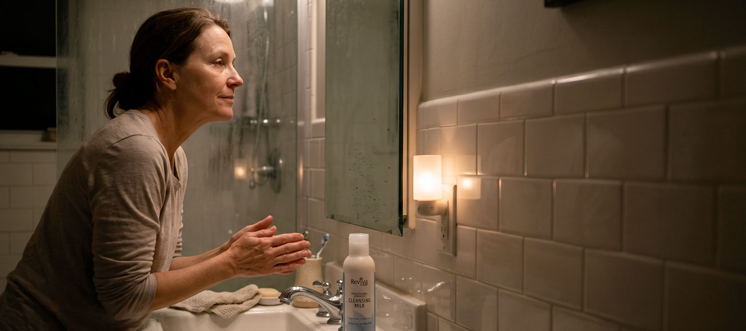 Woman applying skincare at bathroom mirror at night