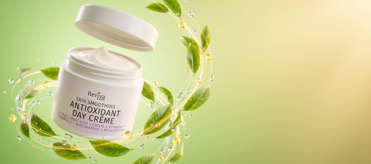 Jar of antioxidant day cream with green leaves