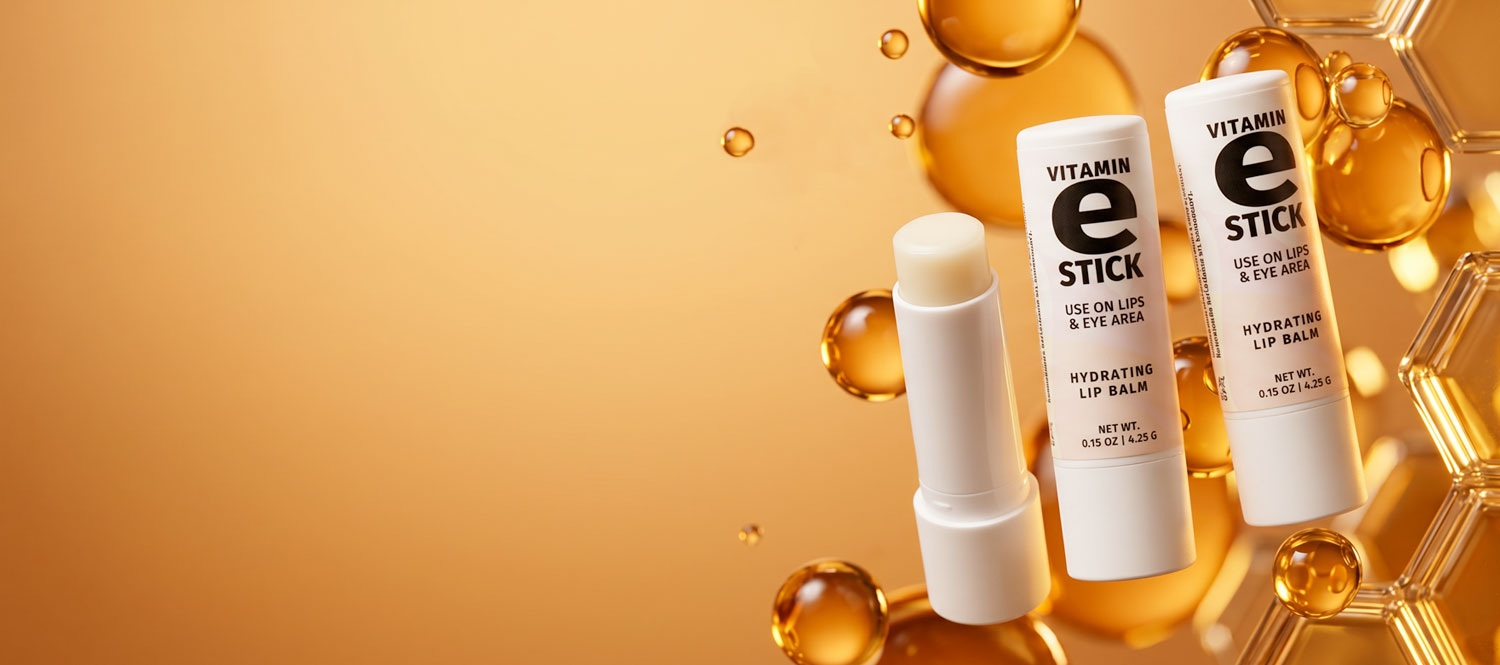 Vitamin E hydrating lip balm sticks with golden oil bubbles