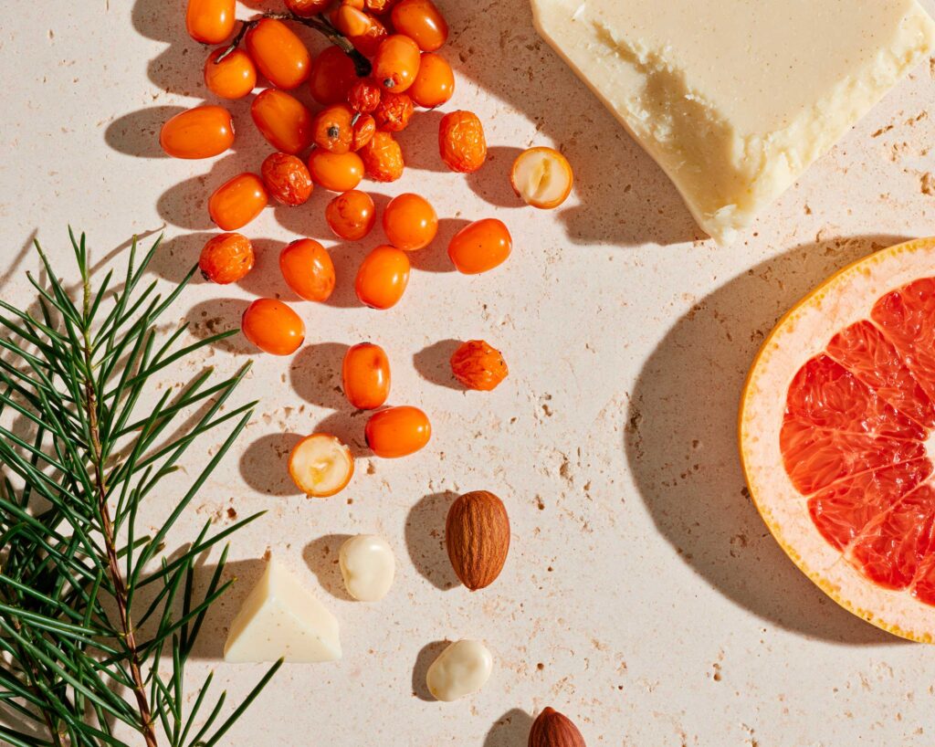 Sea buckthorn berries, grapefruit, cheese, and nuts