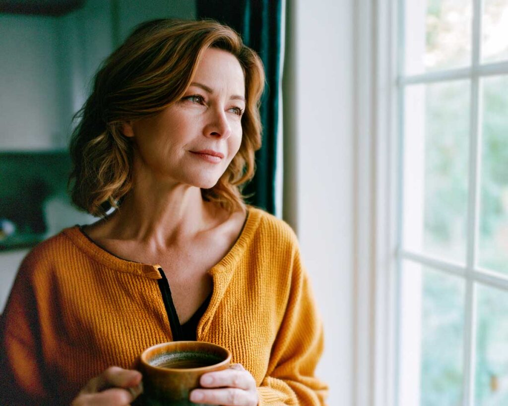Woman holding coffee mug looking out window