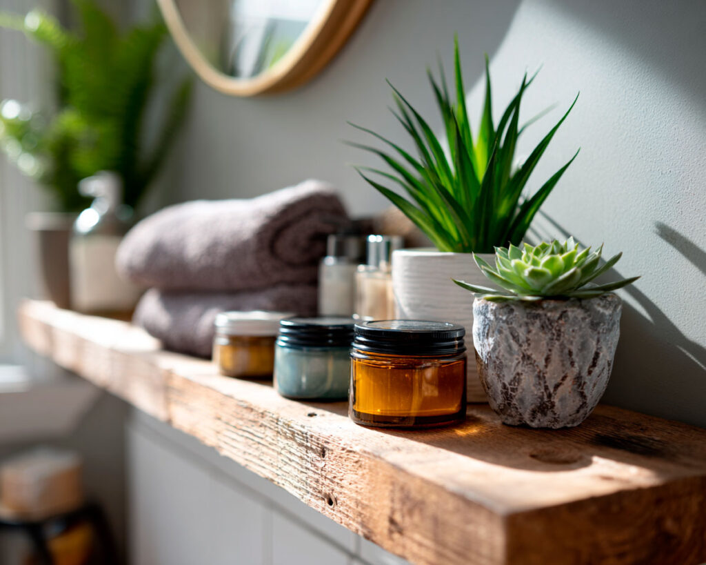 Spa shelf with plants, towels, and skincare jars