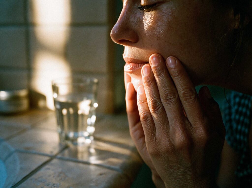 Woman holding jaw in pain at table