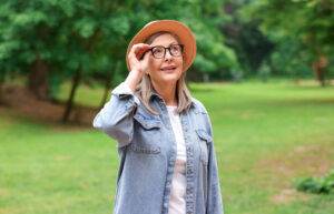 Woman adjusting glasses in sunny park
