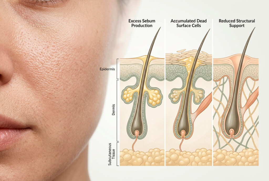 Close-up of facial pores with skin layer diagram