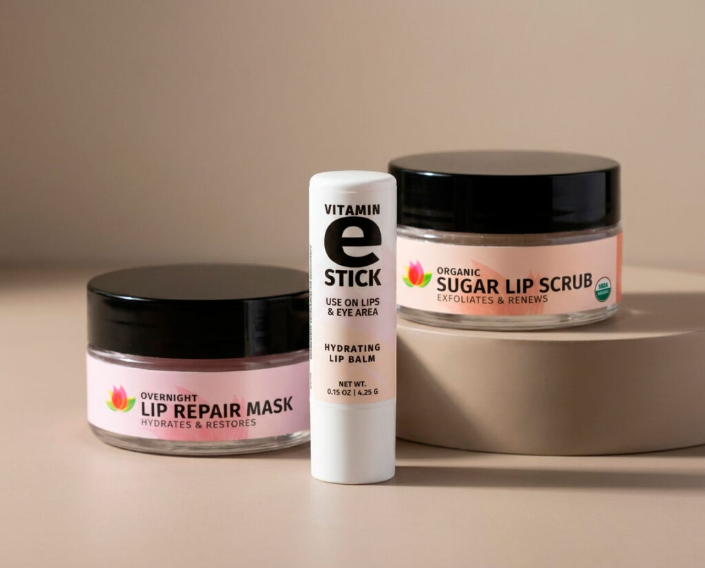 Lip scrub, repair mask, and vitamin E balm