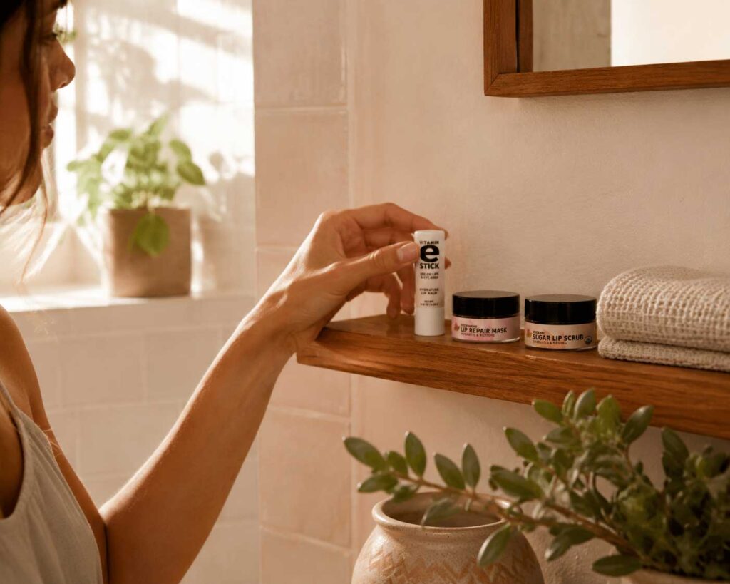 Woman placing vitamin E lip balm on shelf