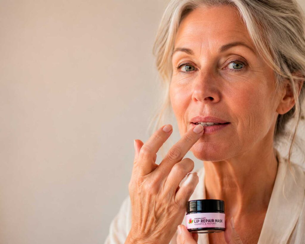 Woman applying overnight lip repair mask from jar