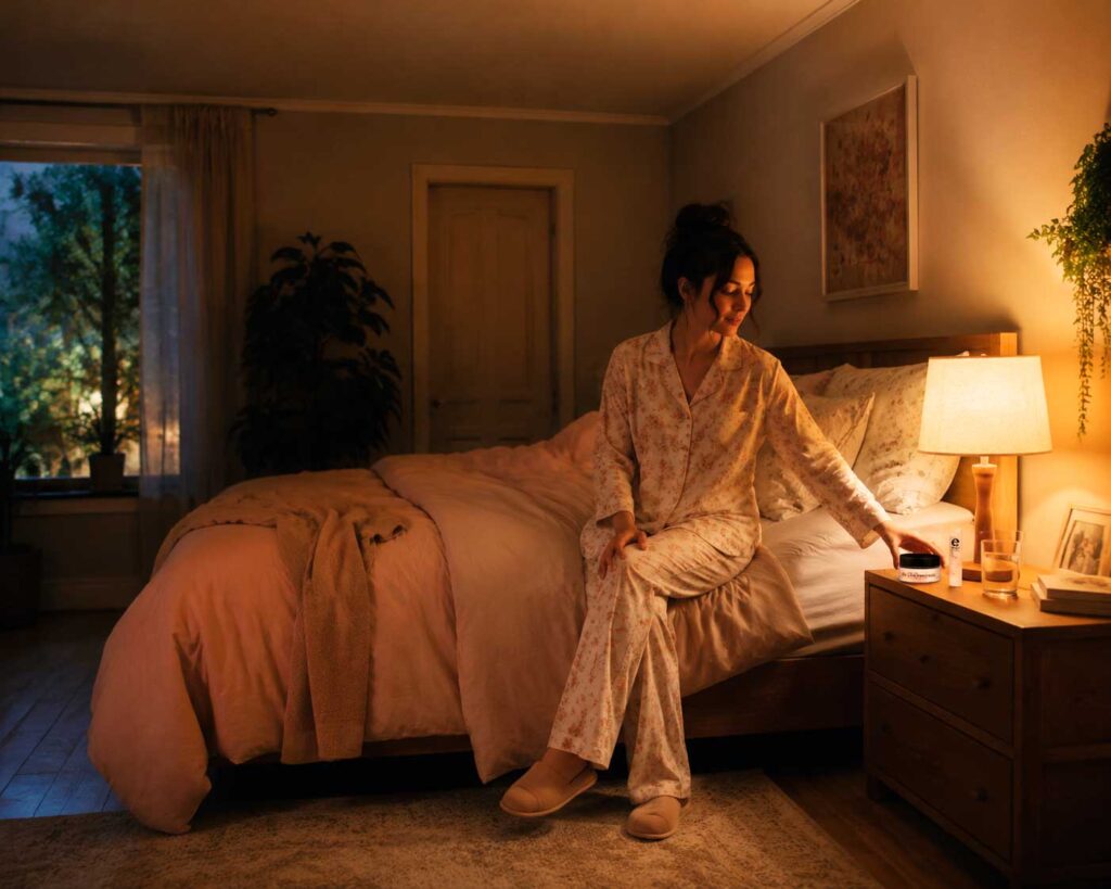 Woman in pajamas reaching for bedside jar