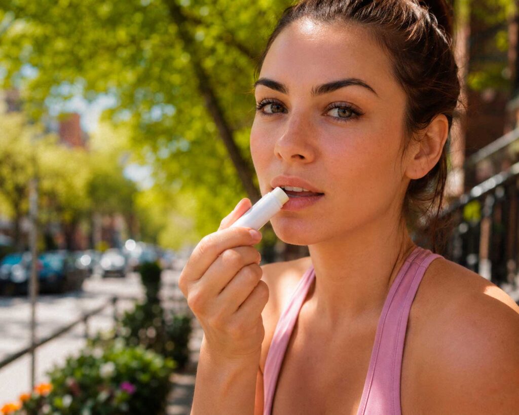 Woman applying lip balm outdoors on sunny day
