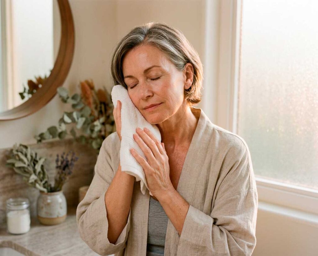 Woman holding towel to face in bathroom