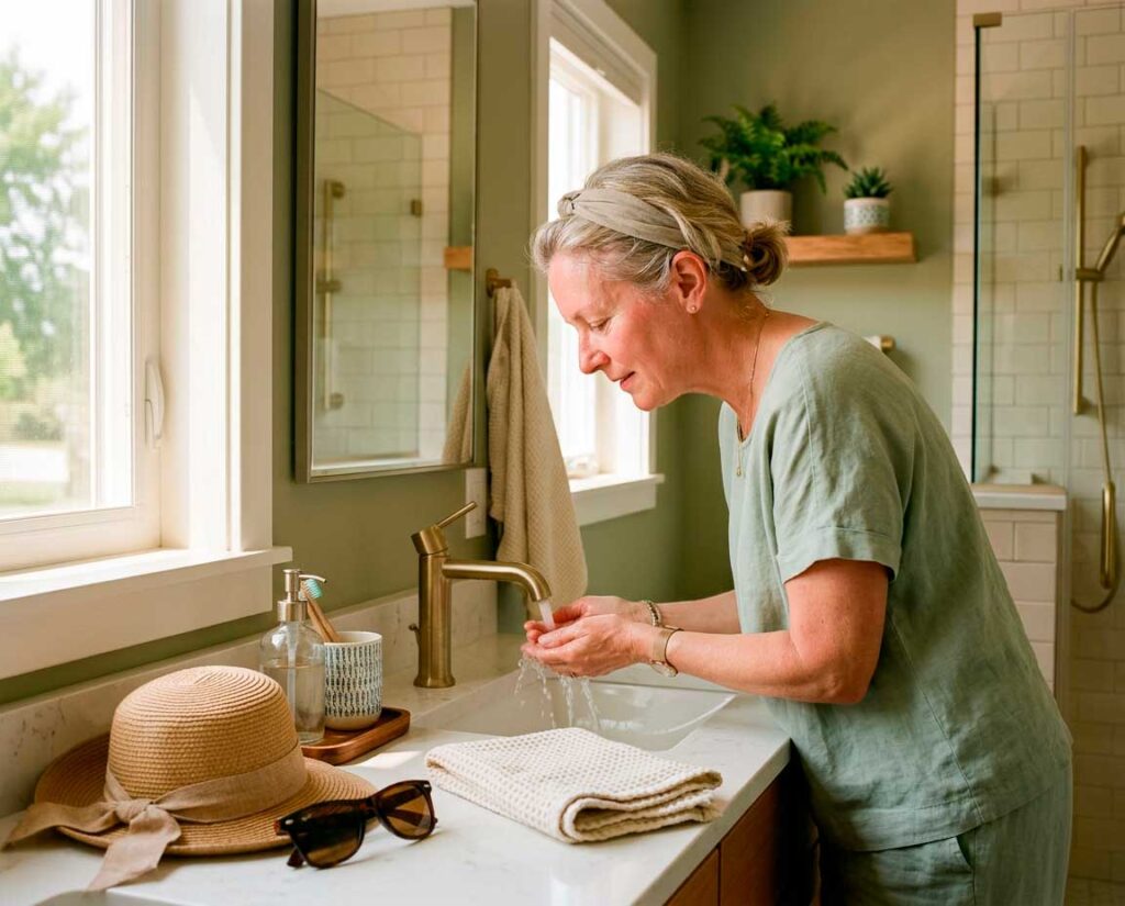 Woman washing hands at bathroom sink