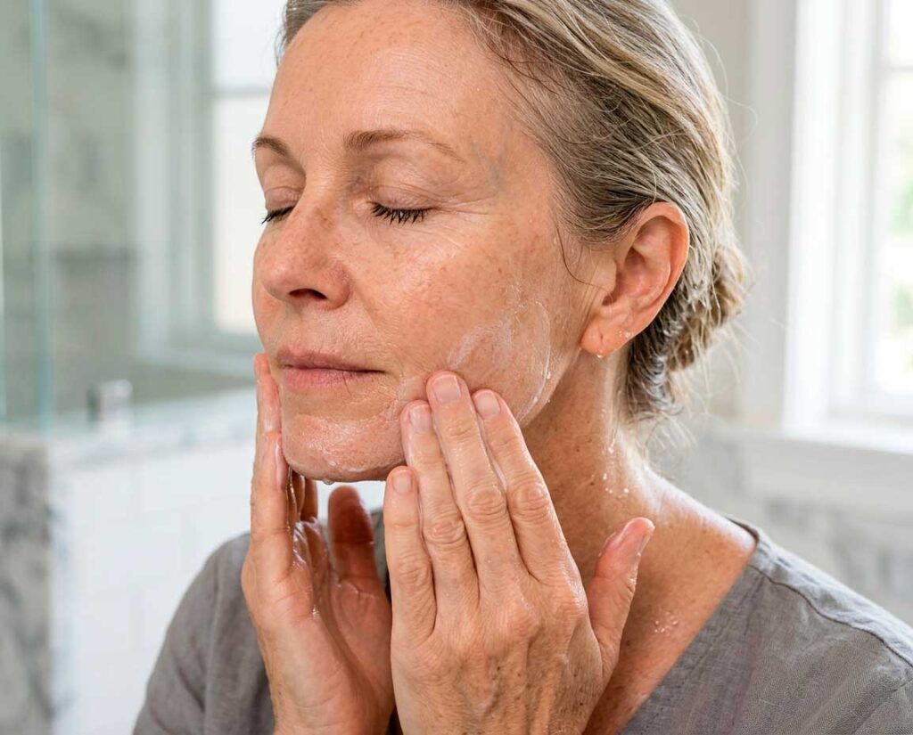 Woman washing face with cleanser in bathroom