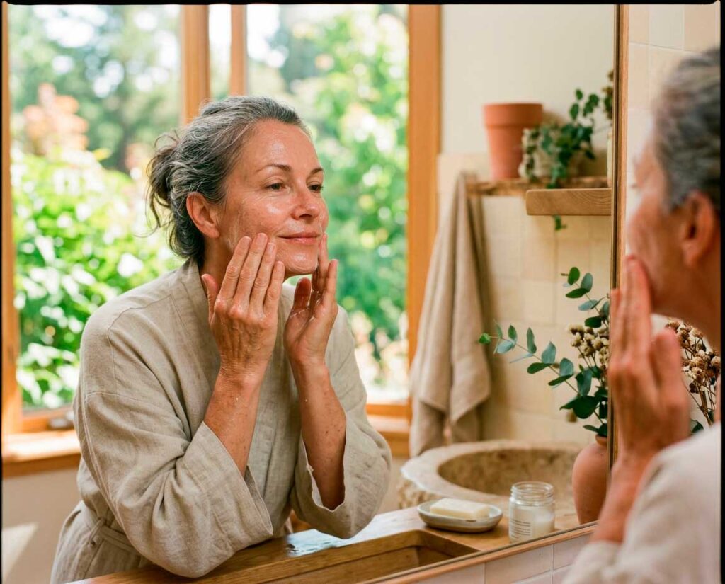 Woman applying facial cream in sunlit bathroom
