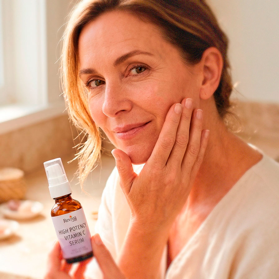 Woman applying vitamin C serum to face