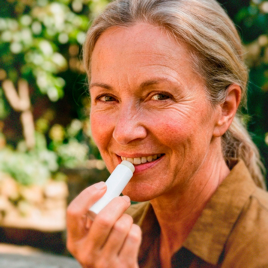 Smiling woman applying lip balm outdoors