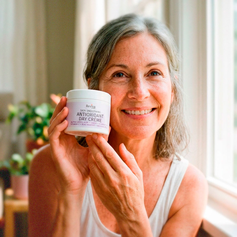 Smiling woman holding antioxidant day cream jar