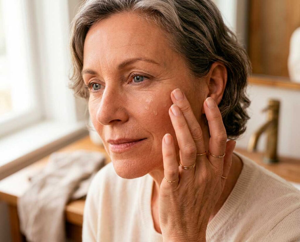 Woman applying facial serum in bathroom