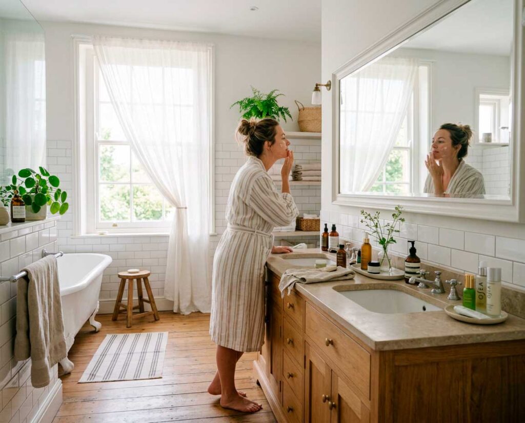 Woman applying skincare in bright modern bathroom