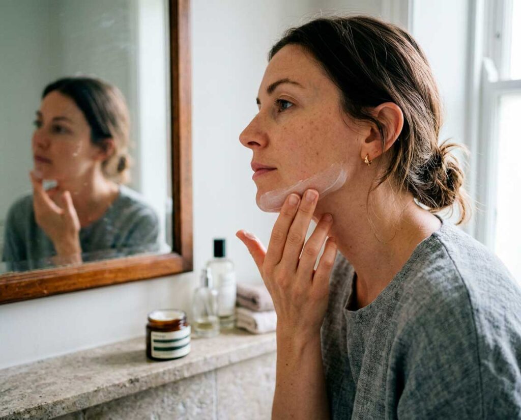 Woman applying facial cream in bathroom mirror