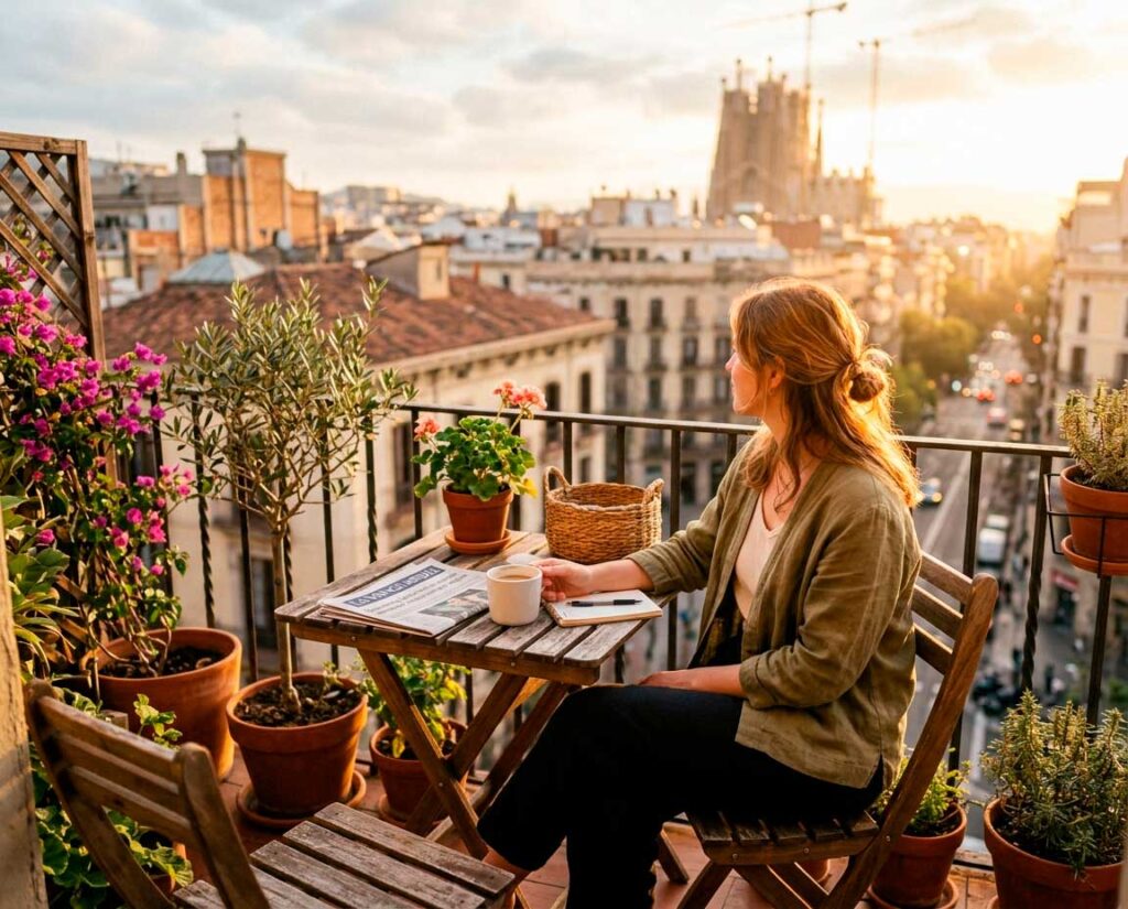 Woman enjoying coffee on city balcony at sunset