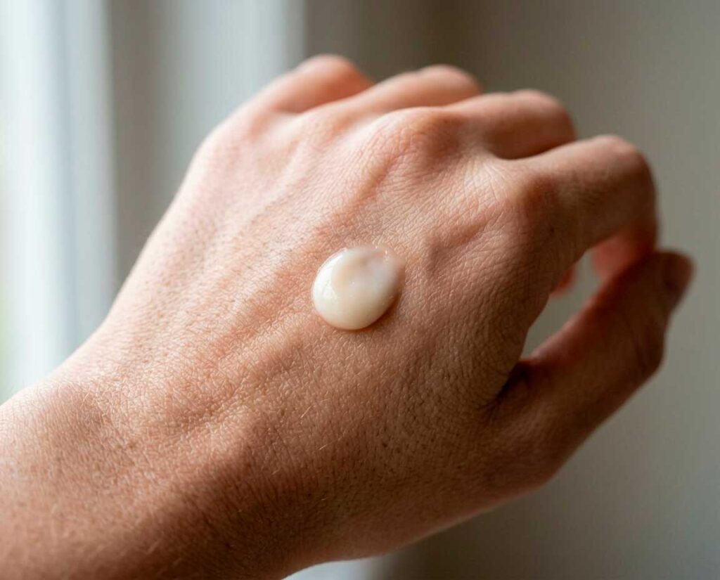 Lotion applied to back of hand