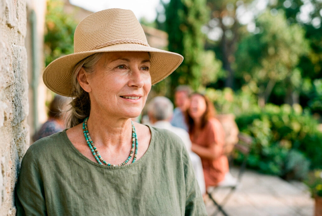Woman in straw hat smiling outdoors